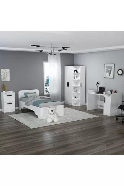 غرفة نوم للشباب من لوسيس، طقم رباعي أبيض: مكتب دراسة - خزانة ملابس - منضدة جانبية - سرير - لوسيس