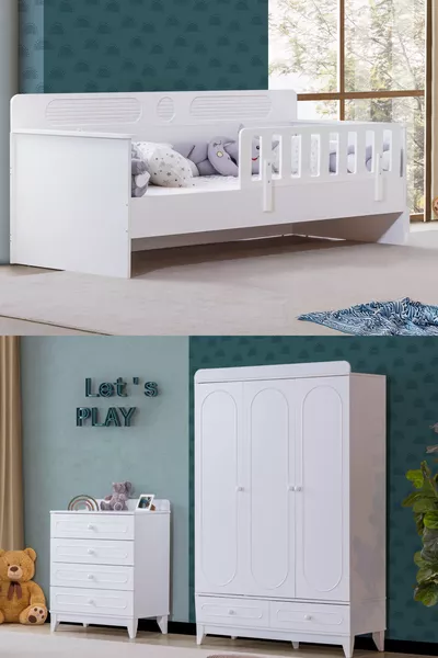 طقم غرفة نوم الأطفال رويال، سرير فلورا، خزانة ببابين، كومودينو