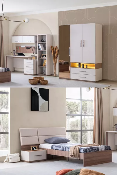 غرفة نوم شبابية ميلانو - خزانة بثلاثة أبواب مع مرآة، سرير، منضدة جانبية، مكتب، مكتبة