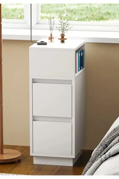 Table de chevet Alve étroite – 2 tiroirs, table d'appoint latérale avec compartiment ouvert amovible, pour chambre à coucher et salon M