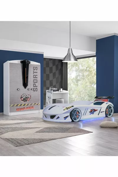 Cameretta - Letto con Carrozzina Jaguar a Vento, Armadio Sportivo a 3 Ante, Scrivania - Bianco