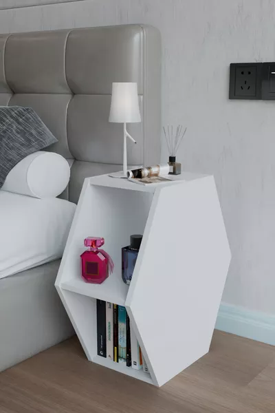 Table de chevet design hexagonal, table de nuit moderne pour chambre, bibliothèque décorative, table de chevet avec étagères