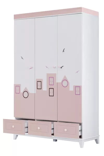Montessori Children's Room - City Montessori 3-Door Wardrobe, Bunk Bed, Dresser - Pink
