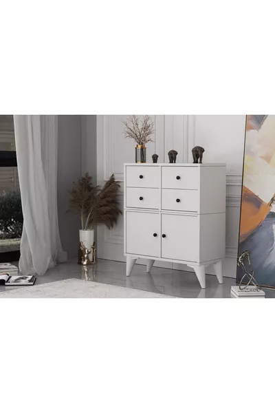 Ayaklı Iki Kapaklı Dört Çekmeceli Beyaz Şifonyer Çıtasız -ç