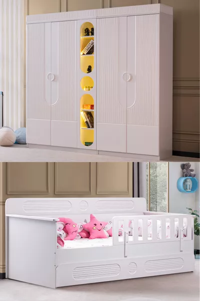 Flora Children's Room Set, Flora Bunk Bed, Vira 4-Door Wardrobe, Bookshelf - White