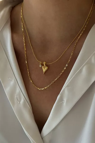 Zircon Stone Heart and Chain Double Necklace