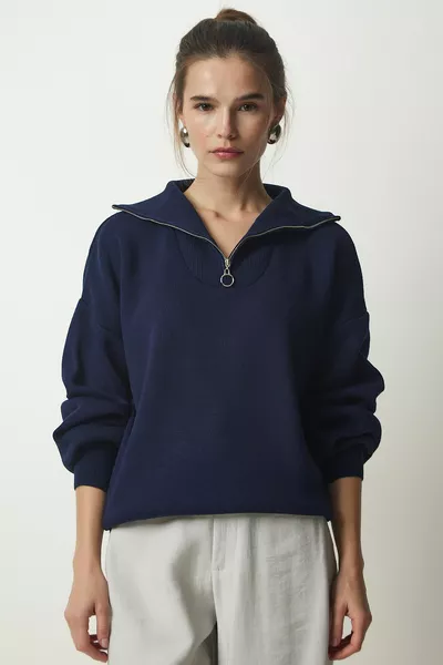 المرأة الأزرق الداكن زيبر طوق الأساسية متماسكة سترة 