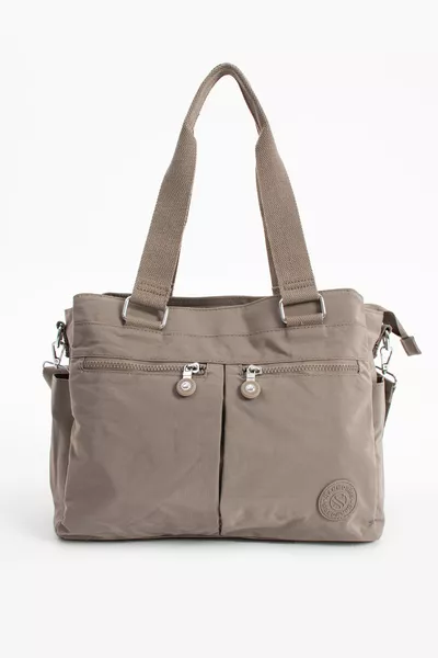 Women's Large Size Mink Colored Compartmentalized Water-Resistant Crinkle Fabric Crossbody and Shoulder Bag