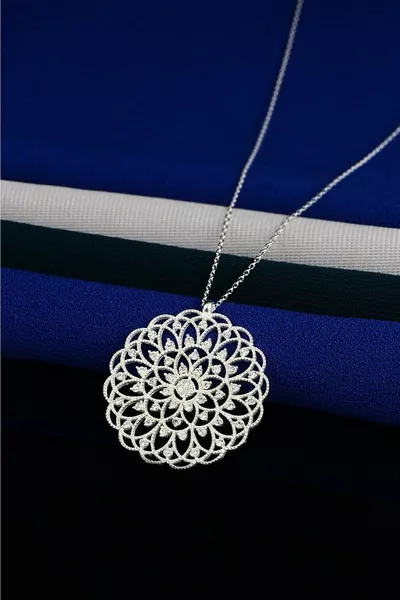Ayar Silver Chain White Zircon Stone Flower of Life Necklace