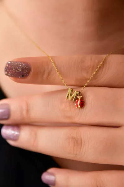 Sterling Silver Gold Plated 3D M Letter and Ladybug Necklace