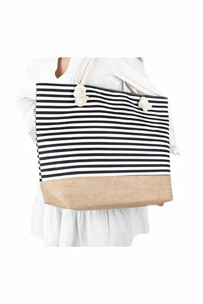 Çok Amaçlı Büyük Boy Plaj Çantası Deniz Çantası Model Hasır Jüt Marine Mavi Çizgili
