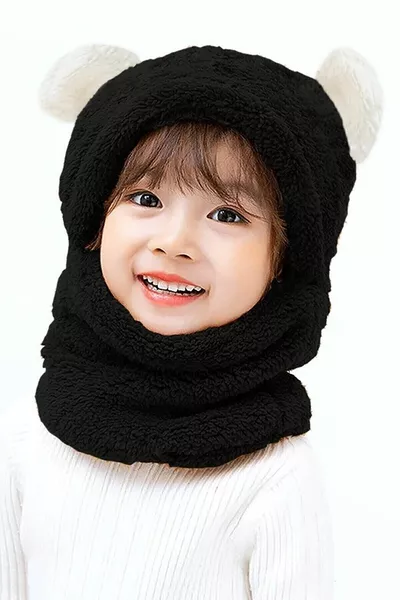 Panda Kids Hooded Plush Beanie Scarf Welsoft Neck Warmer Windproof Hat with Ears