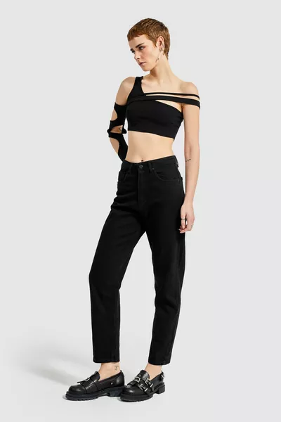 Koraal Vrouwen Zwarte Od Stoned Zwarte Kleur Hoge Taille Mom Mold Jeans