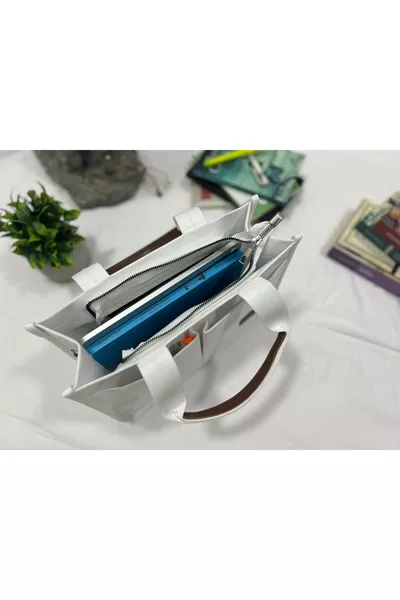 Damen Canvas Stoff Weiß Farbe Zwei Stück Vordertaschen Tote Bag Bedruckte Hand- und Umhängetasche