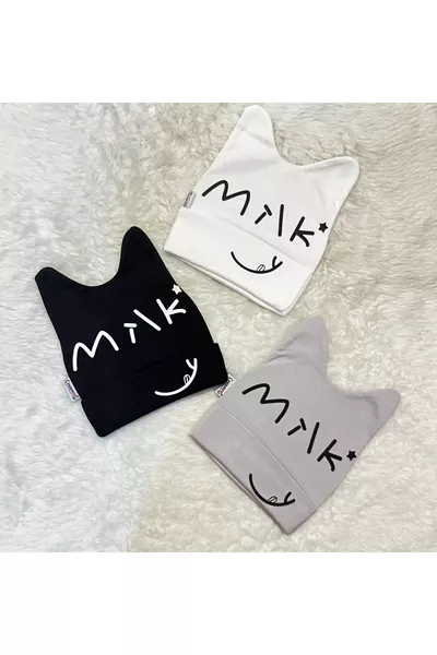 Шапка с три фантазийни фигури от мляко в черно, бяло и сиво за момичета и момчета, бебета и деца