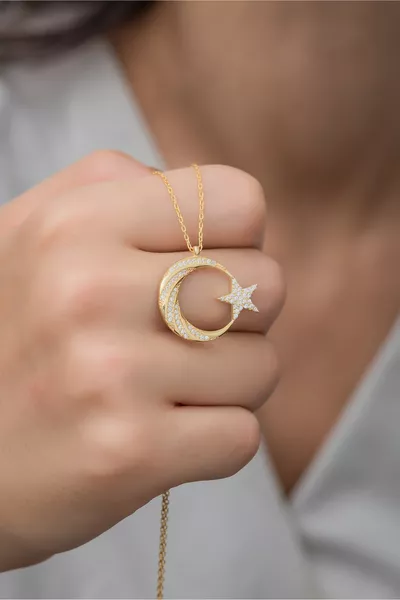 Sterling Silver Gold Zircon Stone Crescent-Star Necklace