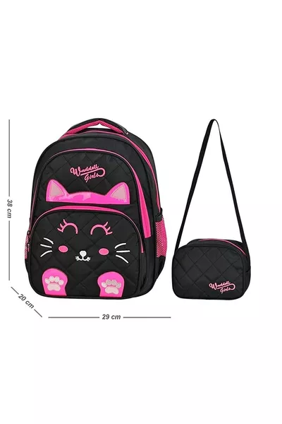 Licensed Quilted Cat Pattern Elementary School Backpack and Lunch Bag