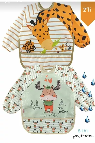 Long-Sleeve Waterproof Baby Bib Set with Deer and Giraffe Pattern, 2 Pieces