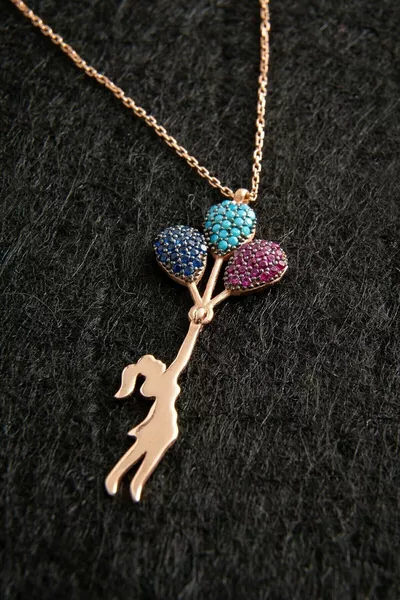 Ayar Silver Chain Rose Plated Colorful Stone Balloon Girl Necklace