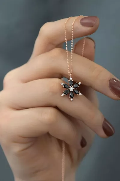 Adjustable Silver Chain Black Stone Rose Gold Plated Lotus Camellia Flower Necklace