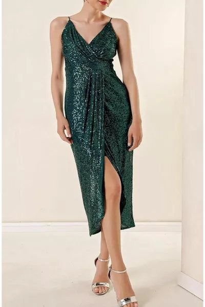 KADIN KRUVAZE YAKA ASKILI PAYETLİ ABİYE ELBİSE & MEZUNİYET ELBİSESİ