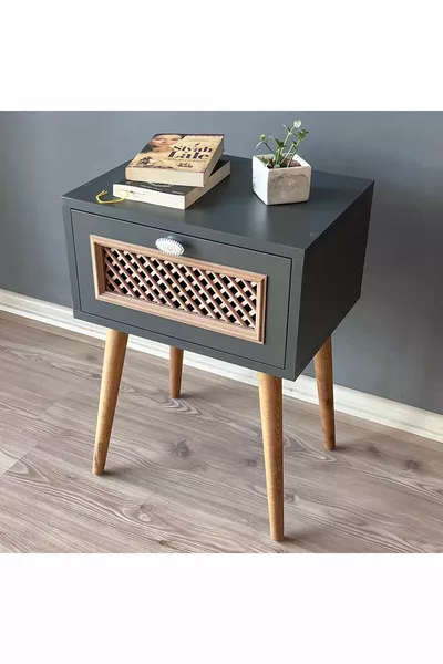طاولة سرير جانبية خشبية أنثراسيت مع باب