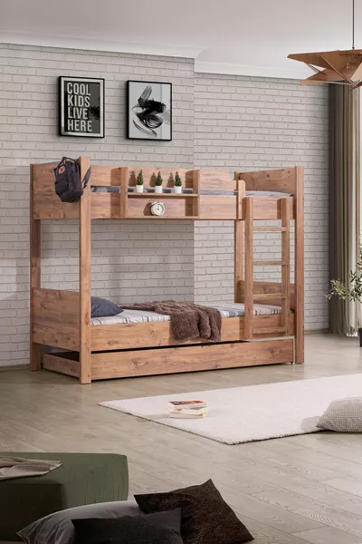 Lit superposé, Lit superposé Asya New avec tiroir, Noyer