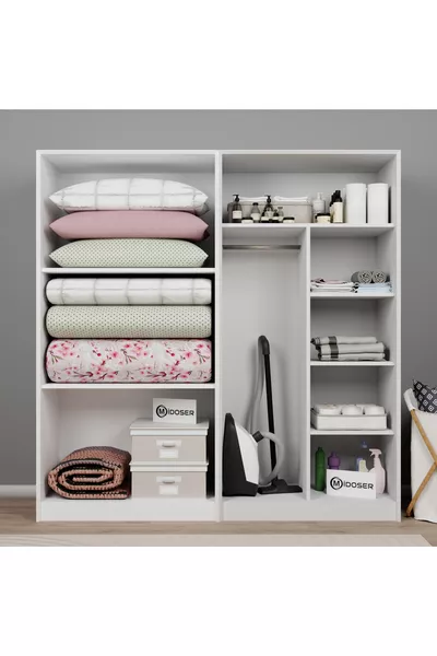 طقم خزانة ملابس وخزانة رفوف لوكاس بأربعة أبواب وثمانية أرفف - أبيض مطفي