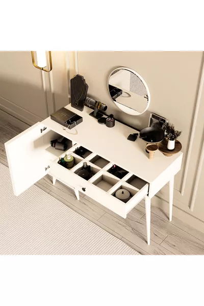 LOVE MIROIR (SUR PIED EN BOIS) TABLE DE MAQUILLAGE AVEC TIROIRS - AVEC PORTES EN MDF BLANC CM