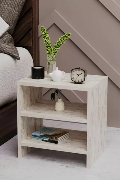 طاولة بجانب السرير بغرف النوم مع رفين وطاولة جانبية مقسمة