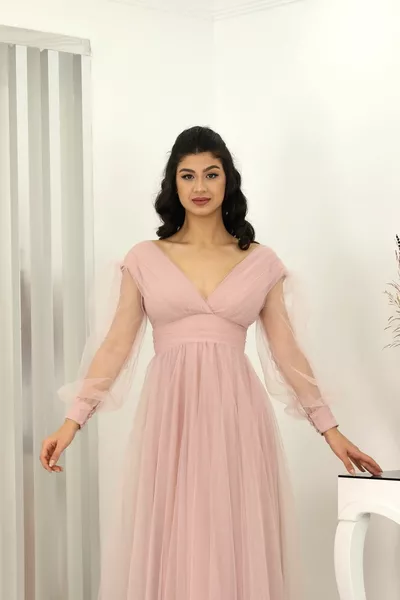 V-neck Zeren Tulle Evening Dress Burgundy