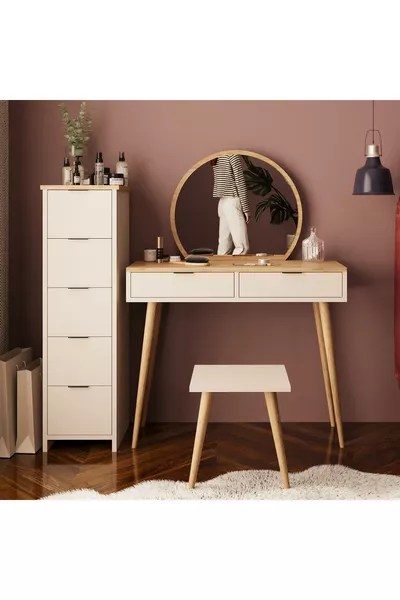 Ensemble de coiffeuse Lucy – Panier en grès | Avec tabouret, miroir, multifonction