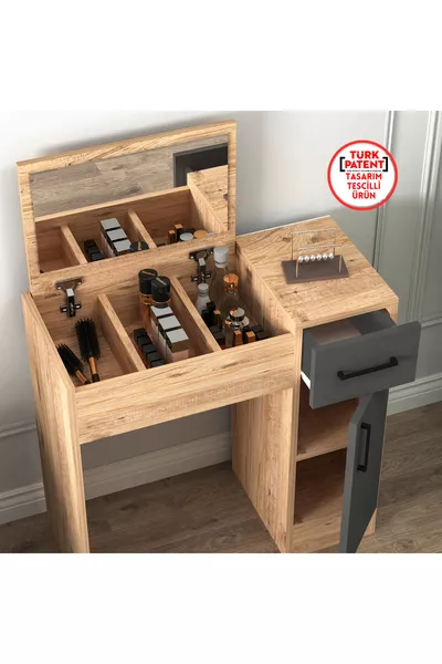 طاولة مكياج مرآة بفحم صنوبر الأطلسي اللؤلؤي – مع أدراج وخزانة وتصميم أنيق