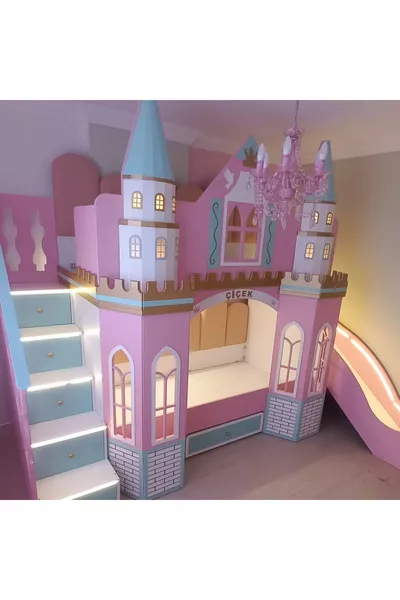 Letto a castello con scivolo da fiaba LUX con LED neon