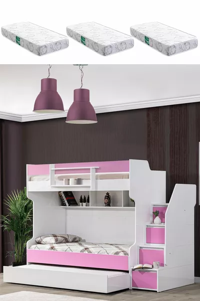 Stapelbed, Moedig Jongensbed - Roze 3 Comfortabele Matrassen