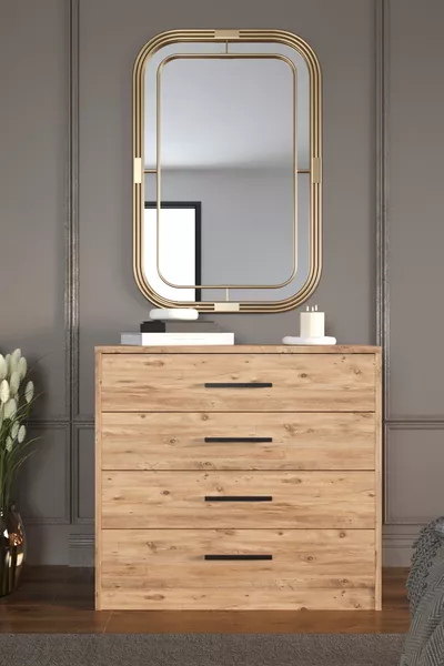 خزانة Mira ذات 4 أدراج، بمقابض سوداء، خشب صنوبر الأطلسي، سم