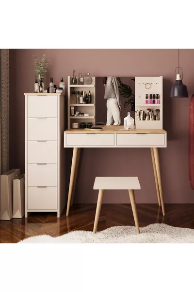 طقم طاولة مكياج بيلا مع خزانة ذات درجين وكرسي، بلون رمال مع سلة | مع مرآة وخطافات