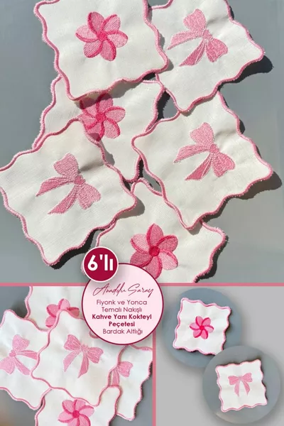 6 قطع من مناديل كوكتيل بجانب القهوة من الكتان المطرز بزخارف الفيونك والنفل