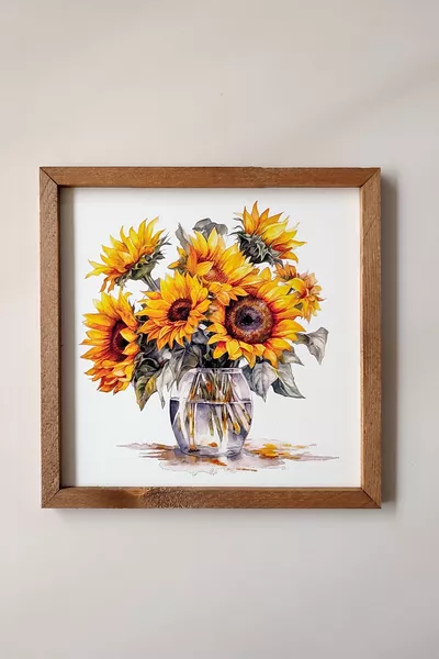 MDF-schilderij met UV-print van zonnebloem in een houten lijst en pot