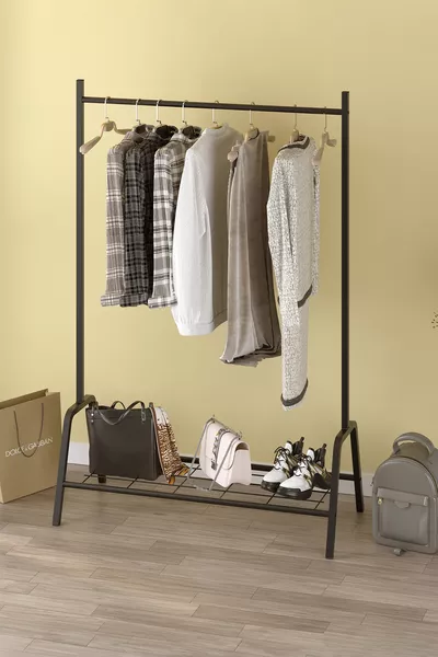 علاقة ملابس قائمة بحامل أقدام مع رفوف، لون أسود فينوس