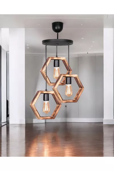 بنتيلايت | ثريا خشبية سداسية ثلاثية من مواد طبيعية