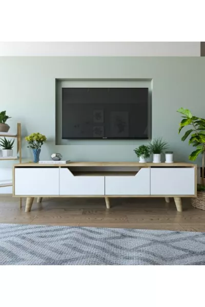 وحدة تلفاز رومانية خشبية بأرجل تلفاز من خشب البلوط الصافي - أبيض