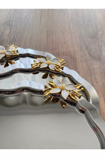 صينية تقديم فاخرة مستطيلة الشكل مزودة بـ 6 إكسسوارات دوّار فضي، مصنوعة من الفولاذ المقاوم للصدأ بحجم  سنتيمتر، للقهوة