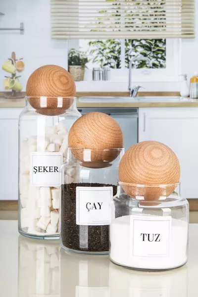 Ensemble de 3 bocaux en bois avec couvercle TOP pour thé, sucre, café et sel, en verre, 3 tailles