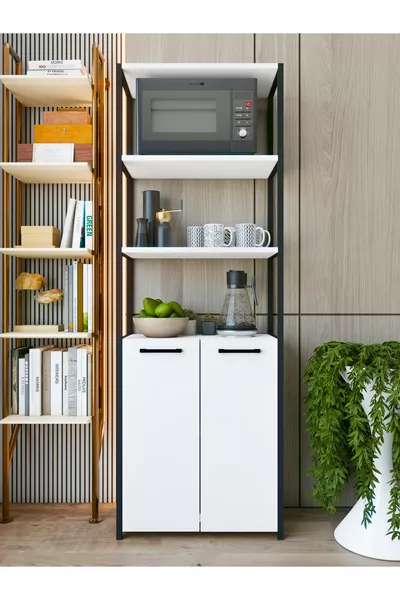 Meuble de cuisine avec 2 portes et 5 étagères, coin café, étagère de cuisine, armoire de cuisine blanche