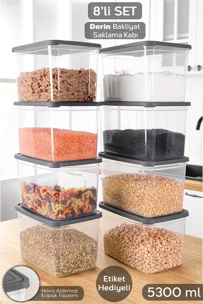 8 Pack Labeled Deep Food Storage Containers - Large Grain and Flour Storage Box  ml Transparent