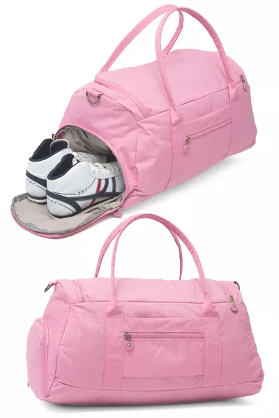 Pink Crinkle Fabric Shoe Compartment  Front Pocket Waterproof Shoulder Strap Sports and Travel Bag