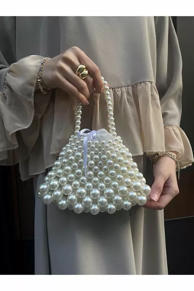 حقيبة صغيرة بتصميم خاص من خرز اللؤلؤ - حقيبة يد من اللؤلؤ - حقيبة يد مزينة باللؤلؤ - حقيبة من خرز اللؤلؤ