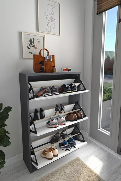 Шкаф для обуви с откидной дверцей, шкаф для обуви с выдвижной полкой, шкаф для обуви с тремя отделениями, Мелек, антрацит-белый