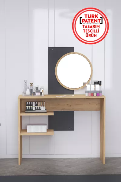 Dali Vanity Table with Large Mirror and Shelves – Pure Maple & Anthracite, Modern and Stylish Design